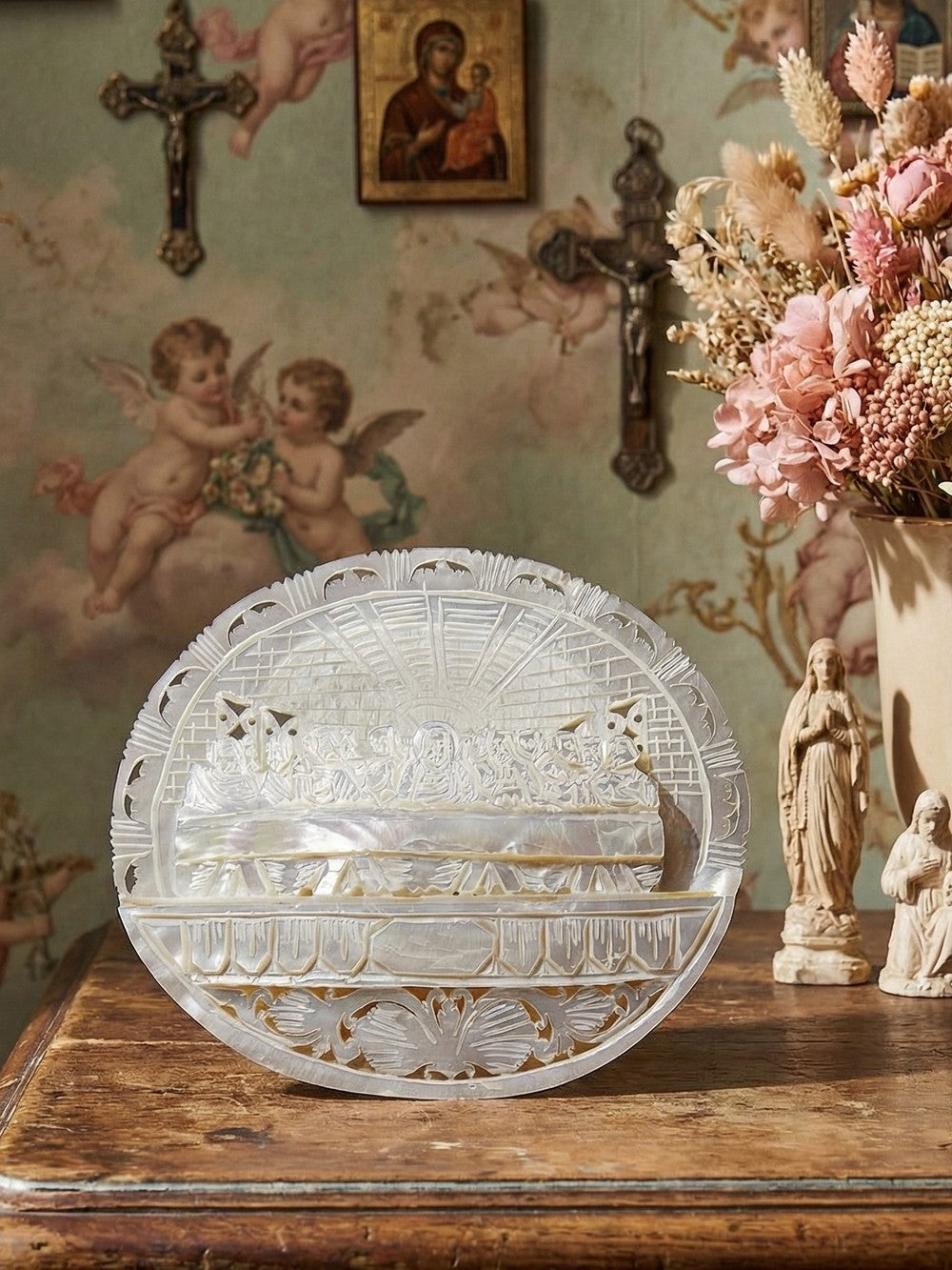 Vintage Votivtafel "The Last Supper" aus Bethlehem, Perlmutt geschnitzt und durchbrochen