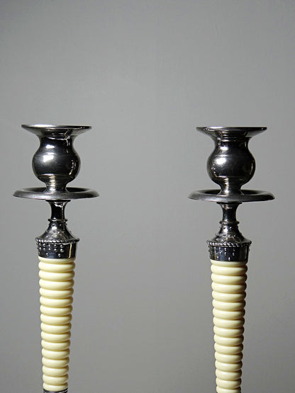 Vintage Kerzenleuchter Set von 2 silberfarben, elfenbeinfarben, Metall, Kunststoff