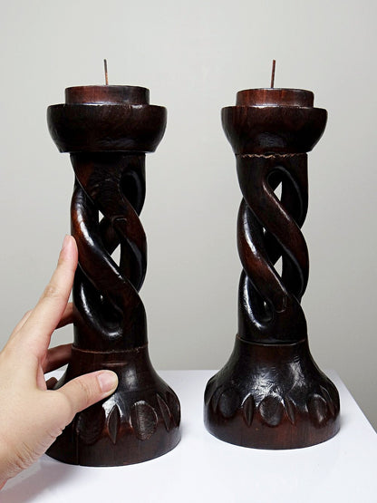 Vintage Kerzenhalter Set von 2 Spiral von Indien Vintage Holz geschnitzt