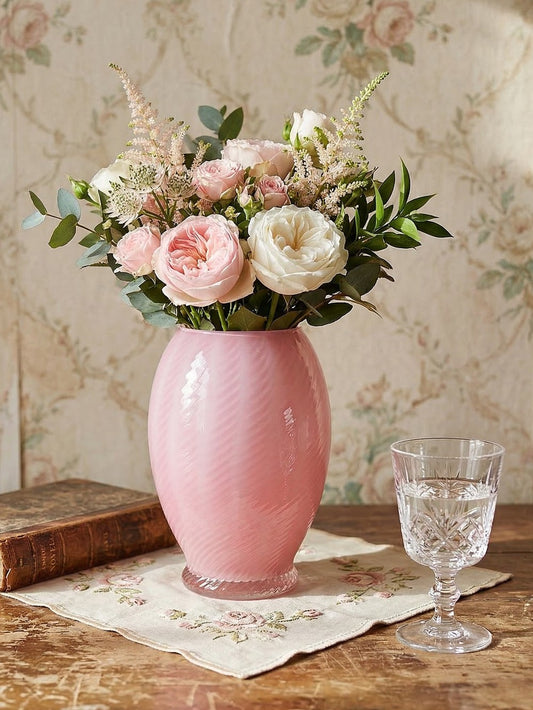 Vintage Vase Murano Empoli aus rosa Opalglas, transparenter Fuß