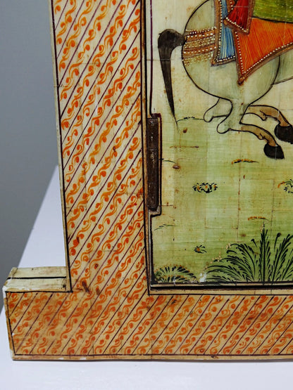 Vintage Spiegel Fenster Rajasthan handbemalter Knochen mit Reiterdekor, antik frühes 20. Jh.