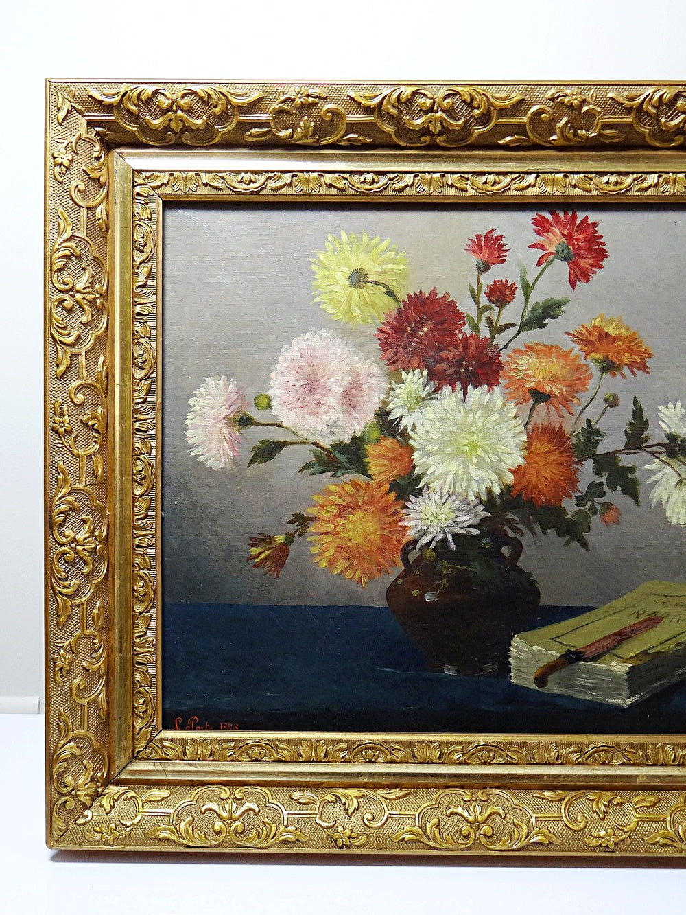 Vintage Gemälde Stillleben mit Chrysanthemen von L. Porte für BraunDekoration signiert 1888