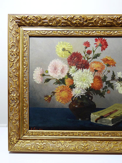Vintage Gemälde Stillleben mit Chrysanthemen von L. Porte für BraunDekoration signiert 1888