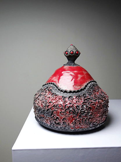 Vintage Schmuckdose RotKunst raku rot grau 2000er