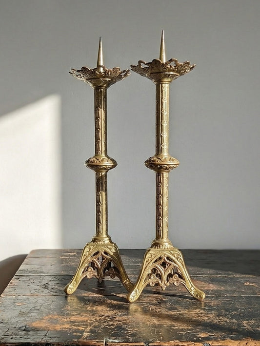 Vintage Kerzenleuchter Set von 2 Bronze vergoldet Gothic Stil XIXe Gold Vintage Dekoration