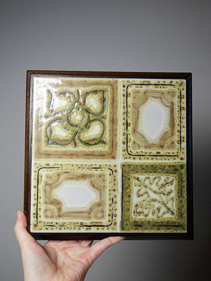 Vintage Untersetzer beige Servieraccessoire aus Keramik und Holz, ca. 1960–1970