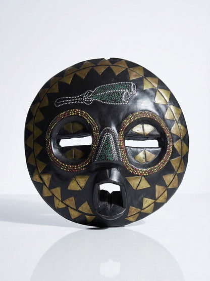 Vintage Maske Lune Africain Luba Baluba aus Kongo Holz mit Glasperlen und Messingdekor