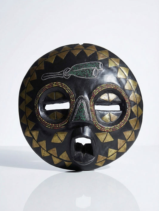Vintage Maske Lune Africain Luba Baluba aus Kongo Holz mit Glasperlen und Messingdekor