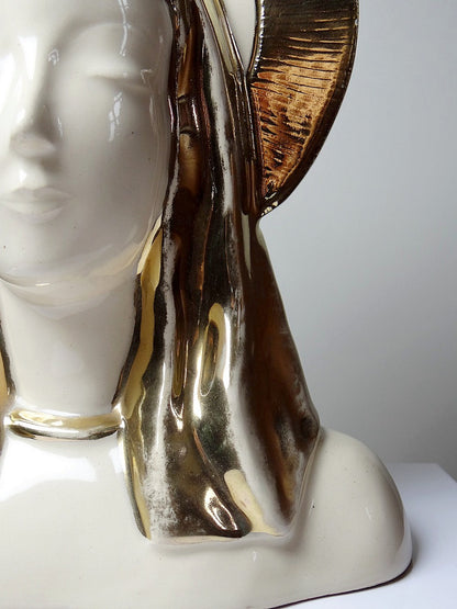 Vintage Büste Madonna mit Heiligenschein aus Keramik, emailliert, Weiß Creme Gold