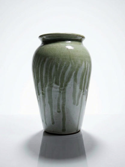 Vintage Vase Wabi-Sabi Modernismus, Grünschimmer, Steinzeug, Ash Glaze