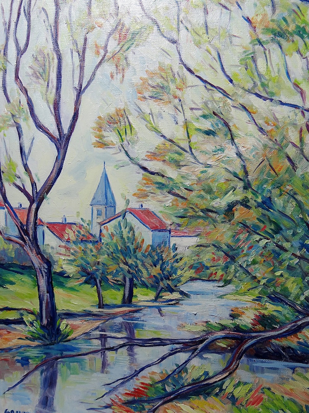 Vintage Gemälde Dorflandschaft von Jacques Gaulot mehrfarbig grün blau braun orange