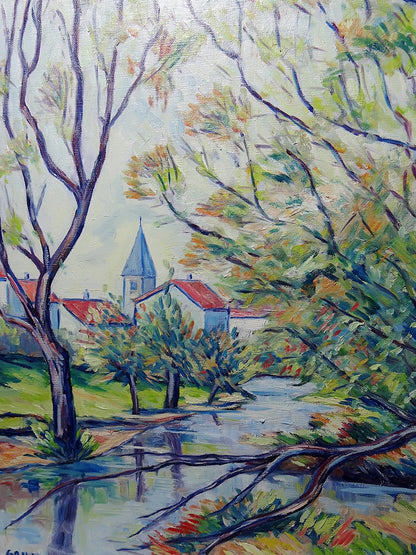 Vintage Gemälde Dorflandschaft von Jacques Gaulot mehrfarbig grün blau braun orange