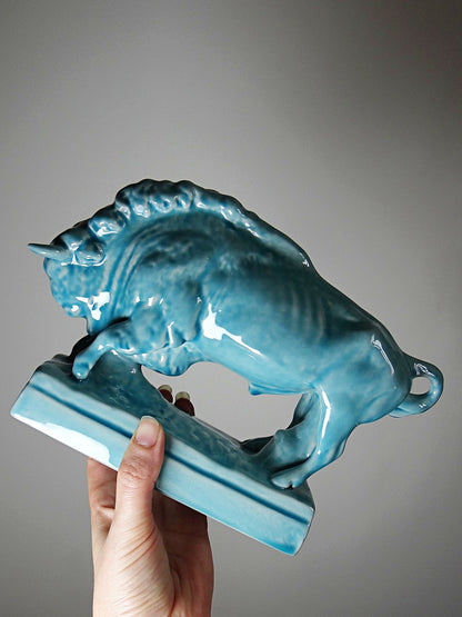 Vintage Bison Skulptur von Zsolnay aus türkis glasierter Keramik