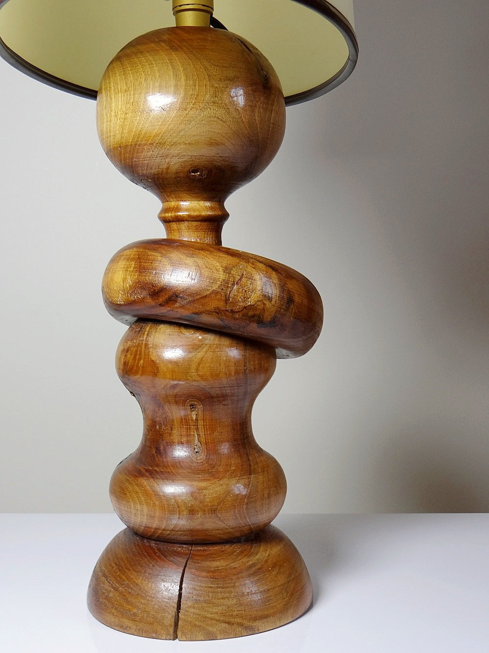 Vintage Tischlampe Holzring beige creme gold braun schwarz