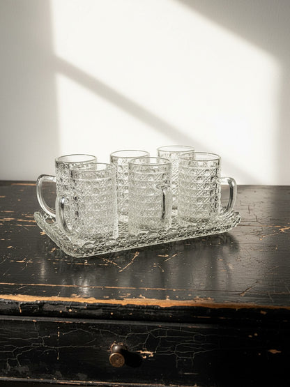 Vintage Set von 6 Glasbecher mit Tablett Art Déco Durchsichtiges Geschirr