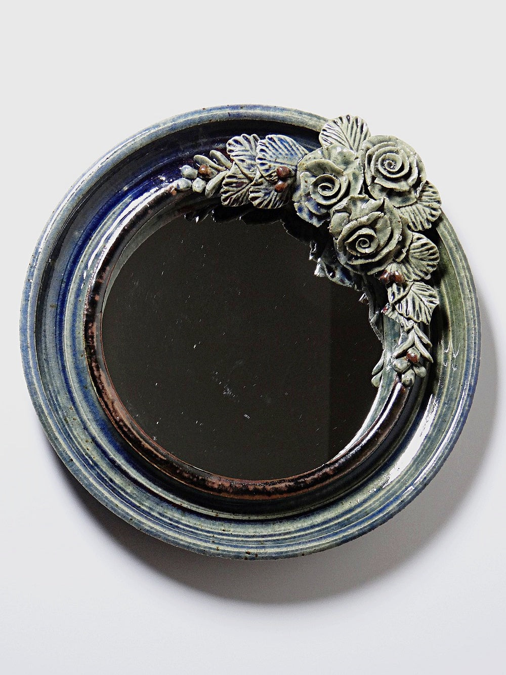 Vintage Spiegel von Dominique Dupont für Catido blaugrünbordeauxschwarz rundes Blumendekor