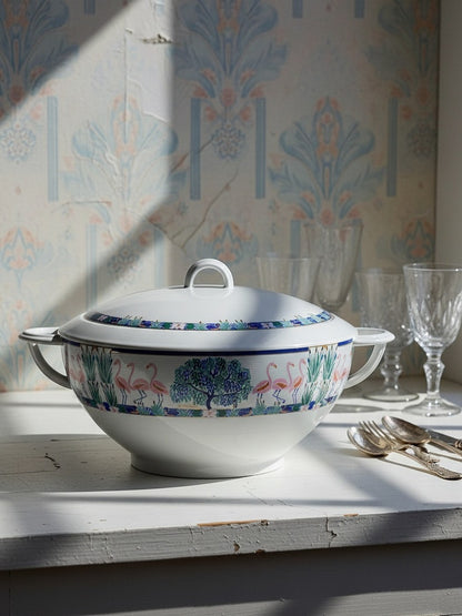 Vintage Servieraccessoire Flamants Roses Soupiere von Elisabeth Borel für Bernardaud Weiß