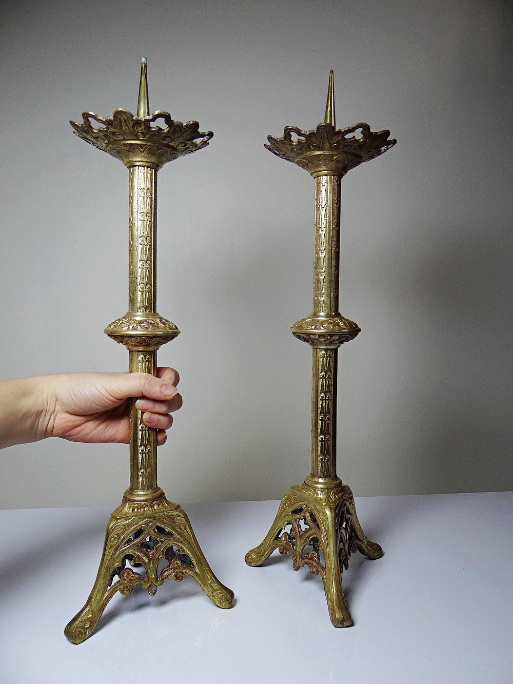 Vintage Kerzenleuchter Set von 2 Bronze vergoldet Gothic Stil XIXe Gold Vintage Dekoration