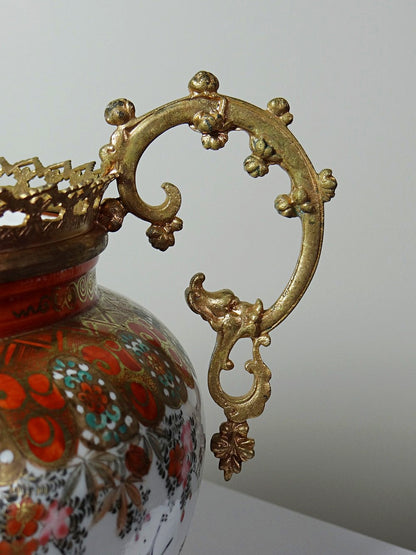 Vintage Übertopf Kutani aus Porzellan und Bronze, Japan Meiji