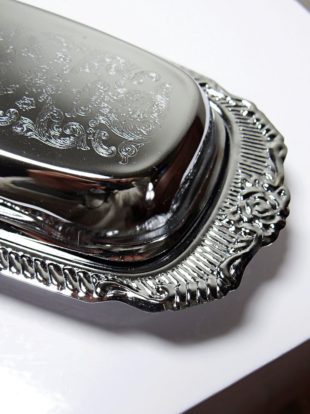 Vintage Butterdose silberfarben aus Edelstahl und Metall, Rococo-Stil, 1960-1980er