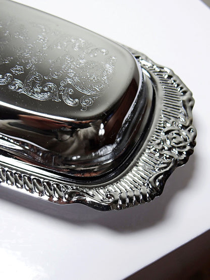Vintage Butterdose silberfarben aus Edelstahl und Metall, Rococo-Stil, 1960-1980er