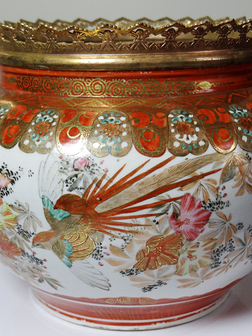 Vintage Übertopf Kutani aus Porzellan und Bronze, Japan Meiji
