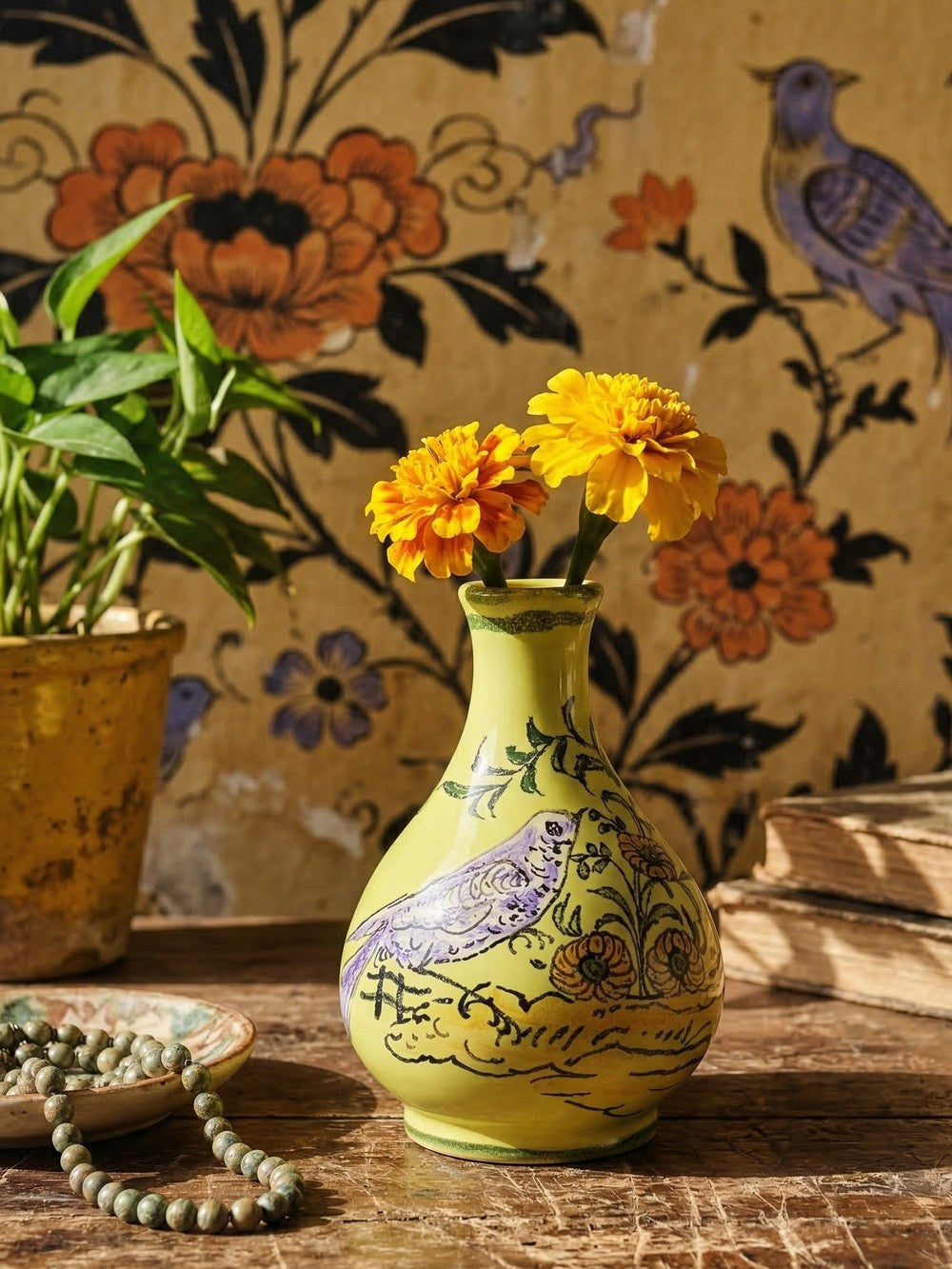 Vintage Vase von Henri Siffre für Montpellier, Vogel-Dekor, gelb-lila-orange-grün-schwarz