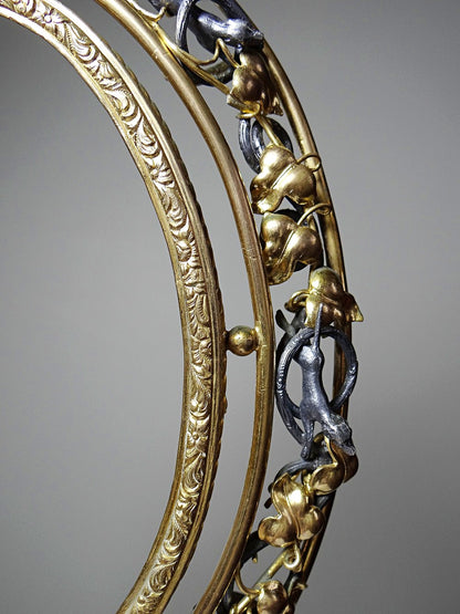 Vintage Wandrahmen Art Nouveau mit Jagdszene Gold Silber dunkelblau Dekor Metall Messing Zinn