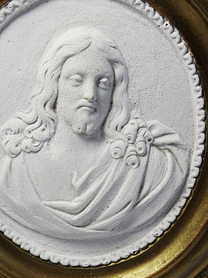 Vintage Wandmedaillon Christus Religiös Weiß Gold Rosa Plaster Dekoration