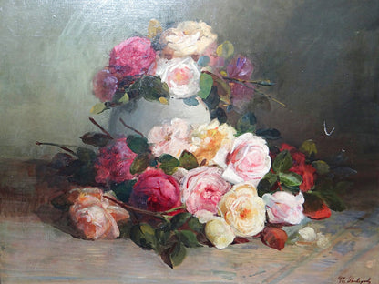 Vintage Gemälde Bouquet of Roses signiert Saubagnol französisch um 1890-1910