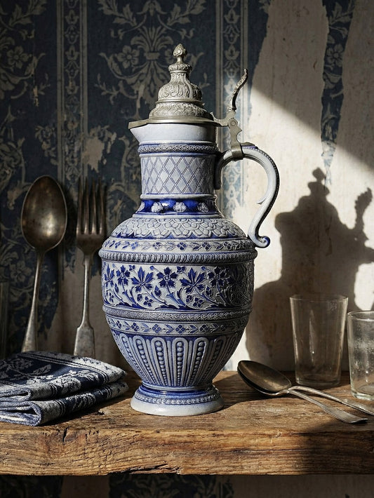 Vintage Bierkrug Westerwald Deutschland Salzglasur mit Zinndeckel