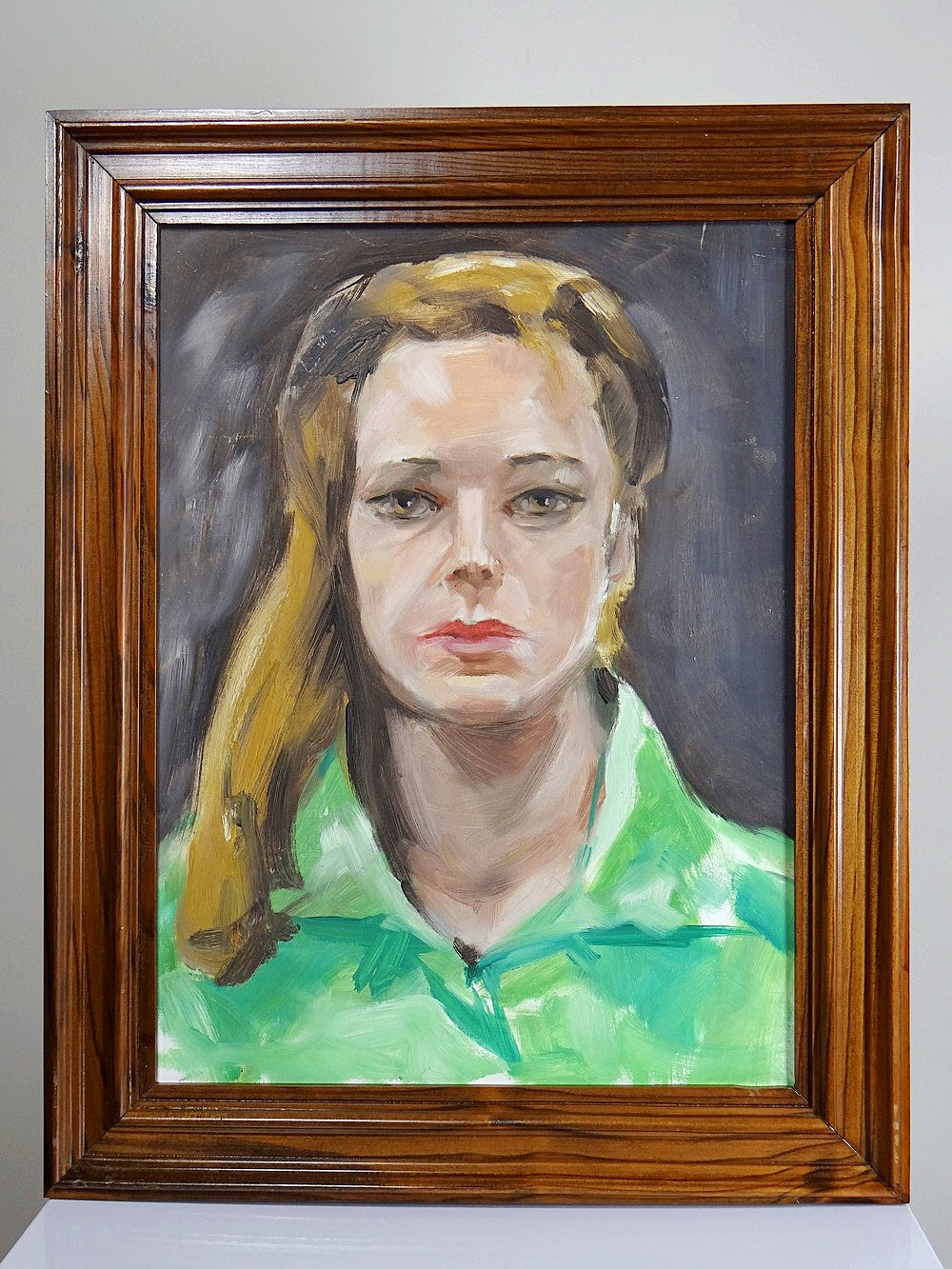 Vintage Porträt "The Woman in Green" Ölbild auf Leinwandkarton im Holzrahmen grün