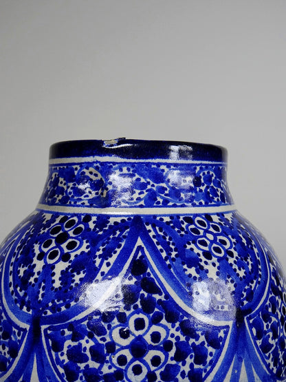 Vintage Vase Khabia aus Fès 19.-20. Jh. Kobaltblau, handgemacht
