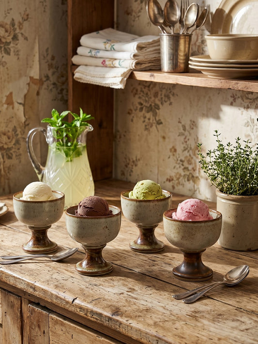 Set von 4 Vintage Cidreschale/Eisbecher auf Fuß aus glasierter Keramik England