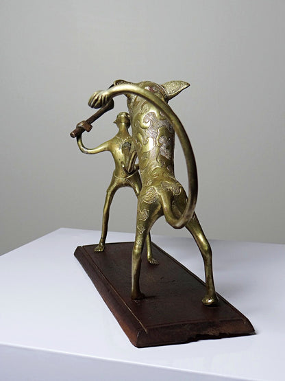 Vintage Bronzeskulptur "Le chasseur et la bête" aus Dahomey, Benin, Afrika