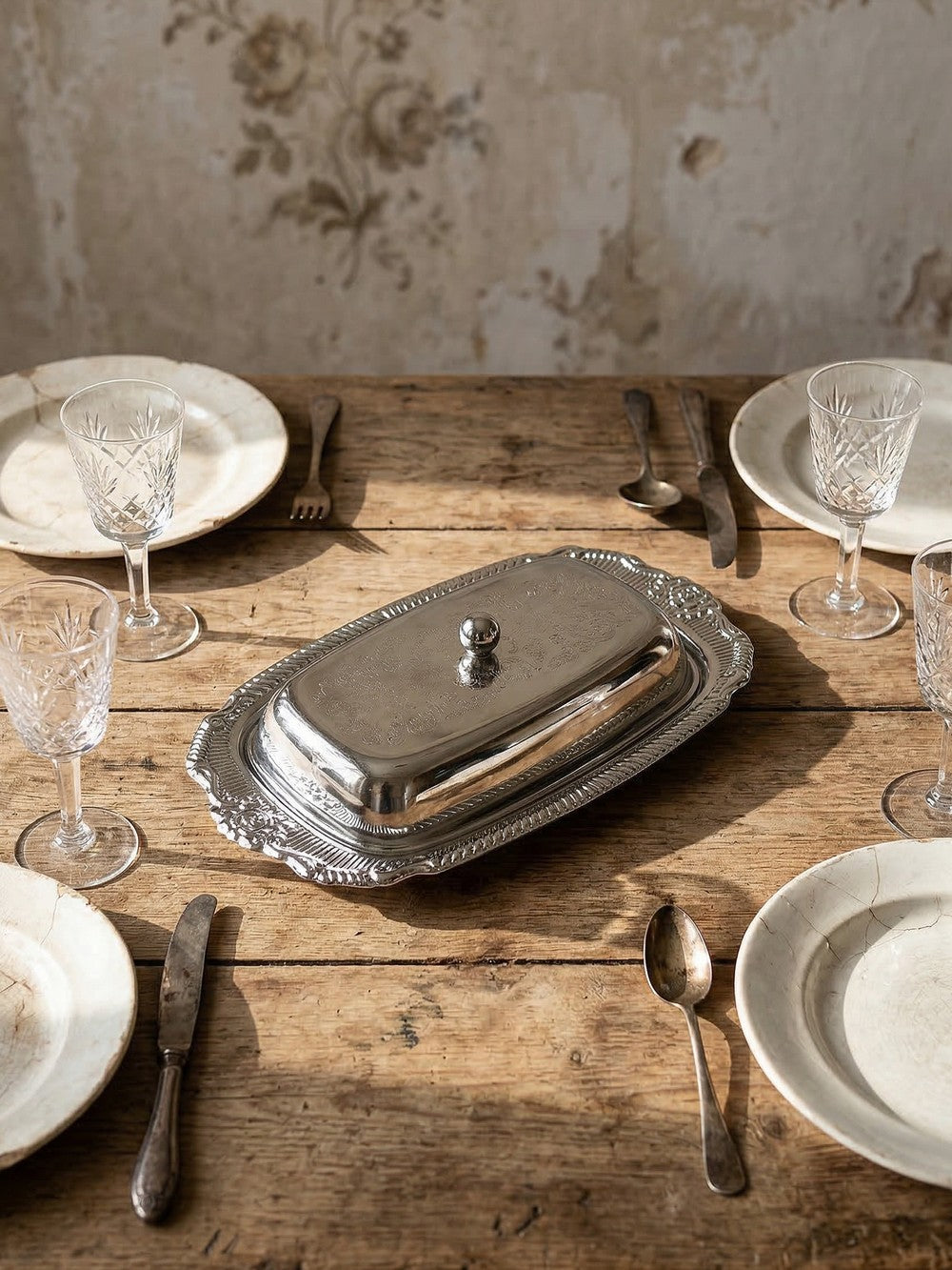 Vintage Butterdose silberfarben aus Edelstahl und Metall, Rococo-Stil, 1960-1980er