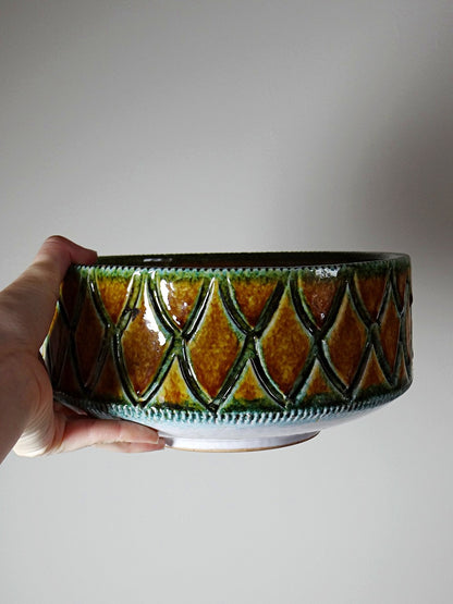 Vintage Keramikschüssel mit Schuppenmuster, Gelb Grün Weiß Ocker, Italien 1950er-60er