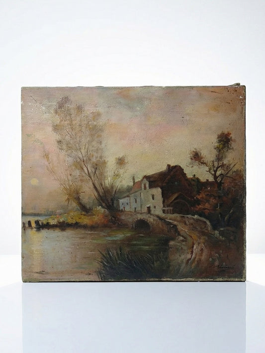 Vintage Gemälde Farm am Teich Öl auf Leinen signiert 19. Jh. multicolor orange-rosa