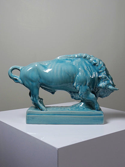 Vintage Bison Skulptur von Zsolnay aus türkis glasierter Keramik