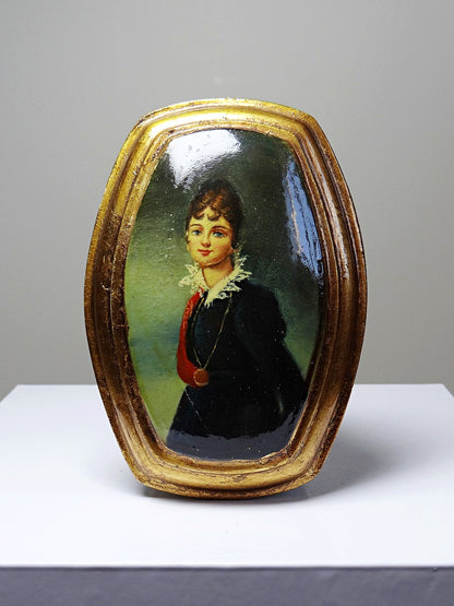 Vintage Dekoration Medaillon Porträt Venedig Öl auf gewölbtem Holz schwarz