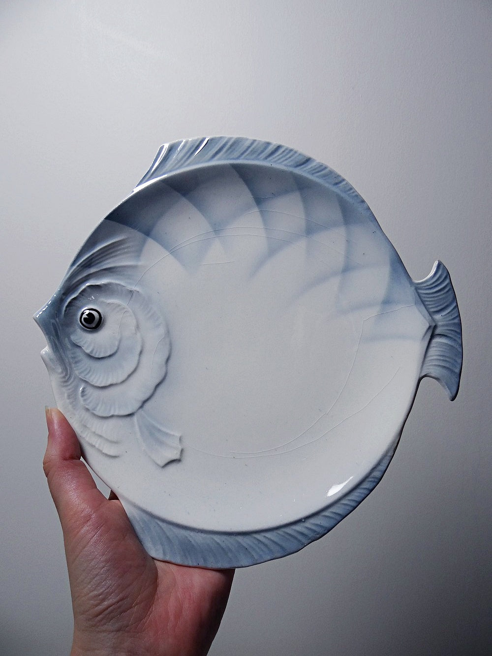 Vintage Fischservice aus tschechoslowakischem Steingut, 6 Teller und eine Platte