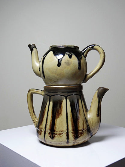 Vintage Teekanne Set von 2 im Stil von Denbac beige braun schwarz Keramik