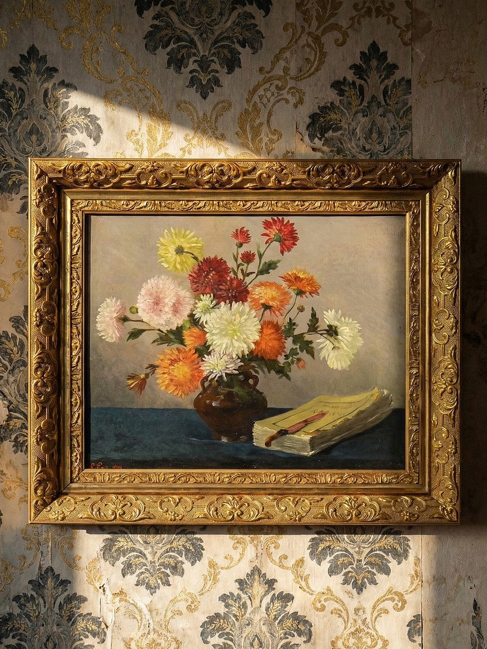 Vintage Gemälde Stillleben mit Chrysanthemen von L. Porte für BraunDekoration signiert 1888