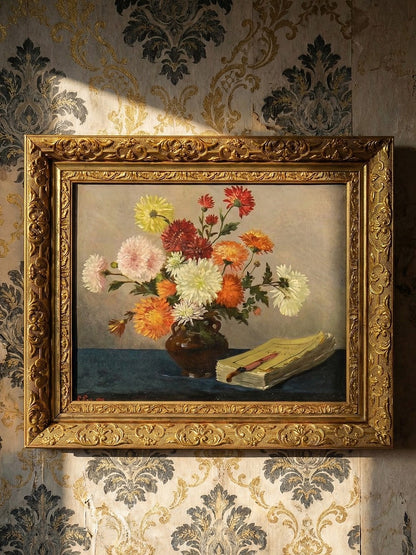Vintage Gemälde Stillleben mit Chrysanthemen von L. Porte für BraunDekoration signiert 1888