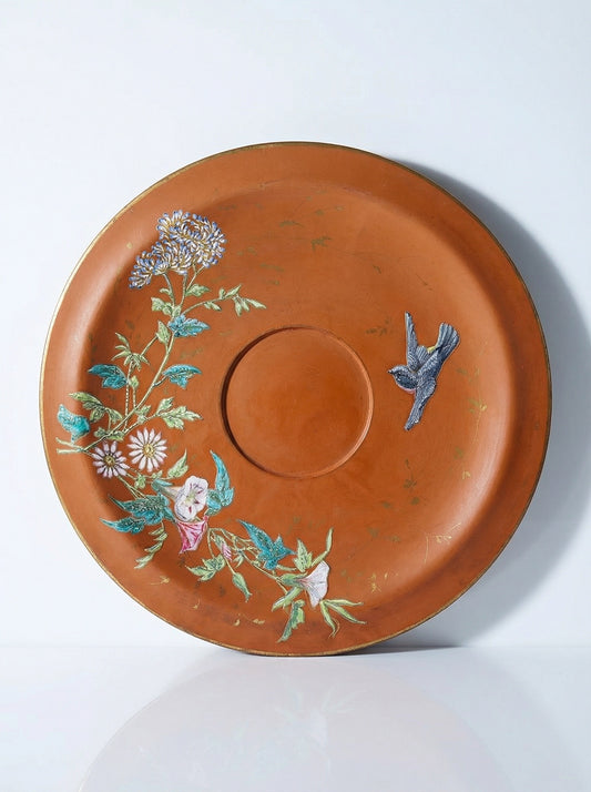 Vintage Servieraccessoire Terrakotta-Schale mit japanischer Jugendstil-Emaille, polychrom-goldig