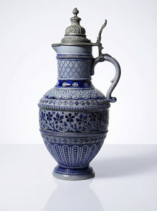 Vintage Bierkrug Westerwald Deutschland Salzglasur mit Zinndeckel