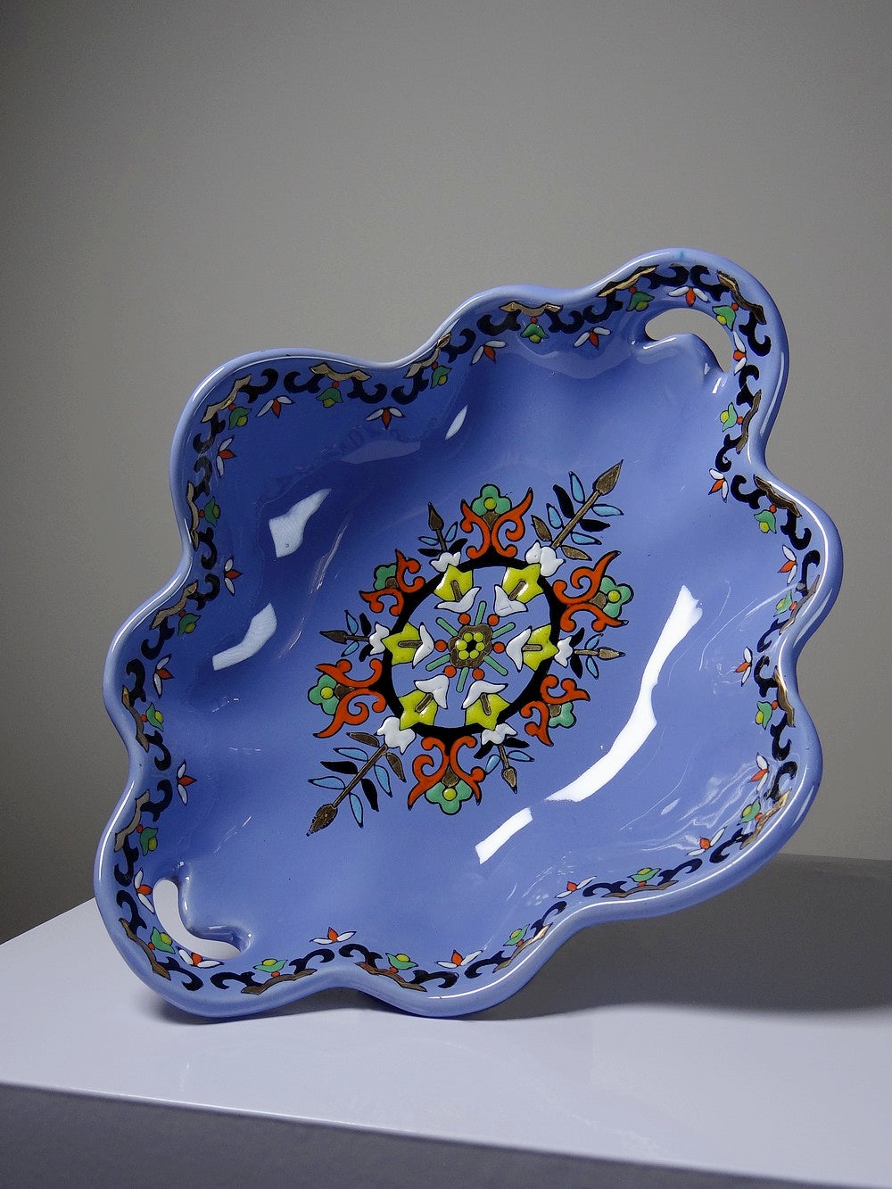 Vintage Schale Châtres von Longwy blau schwarz gold grün weiß orange gelb