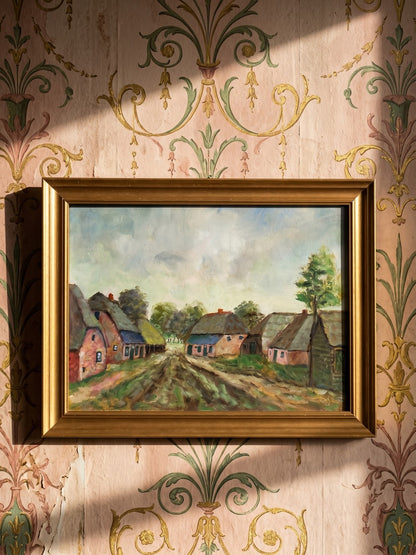 Vintage Gemälde Dorfszene auf Holztafel gerahmt
