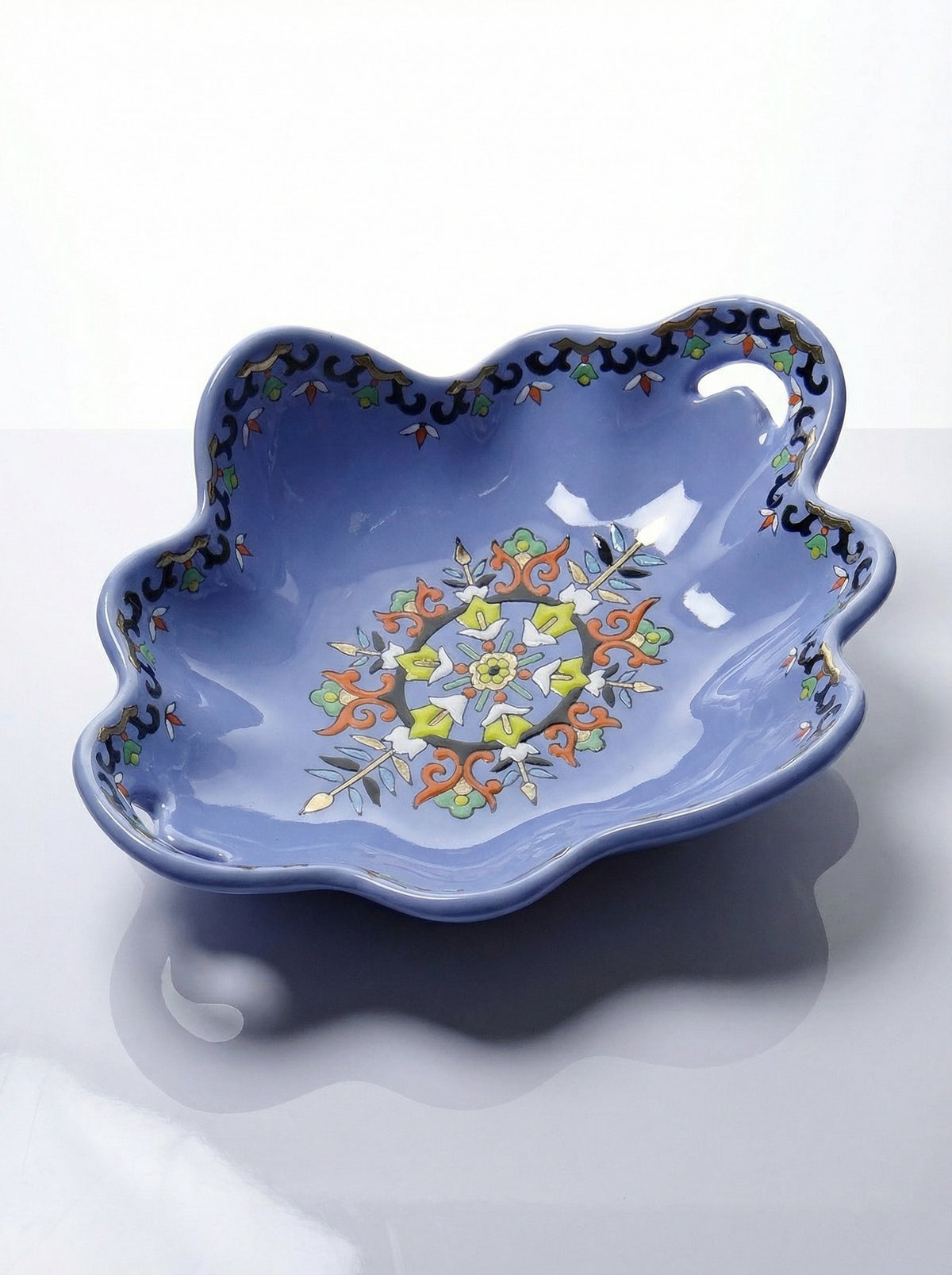 Vintage Schale Châtres von Longwy blau schwarz gold grün weiß orange gelb