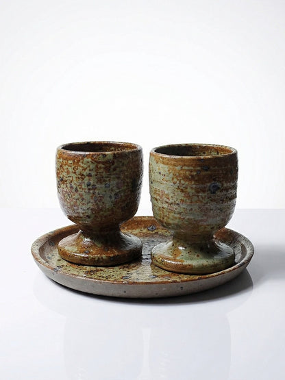 Vintage Kaffeeservice mit 2 Tassen und Tablett im Stil Baudat für La Borne, Pyritsteinzeug